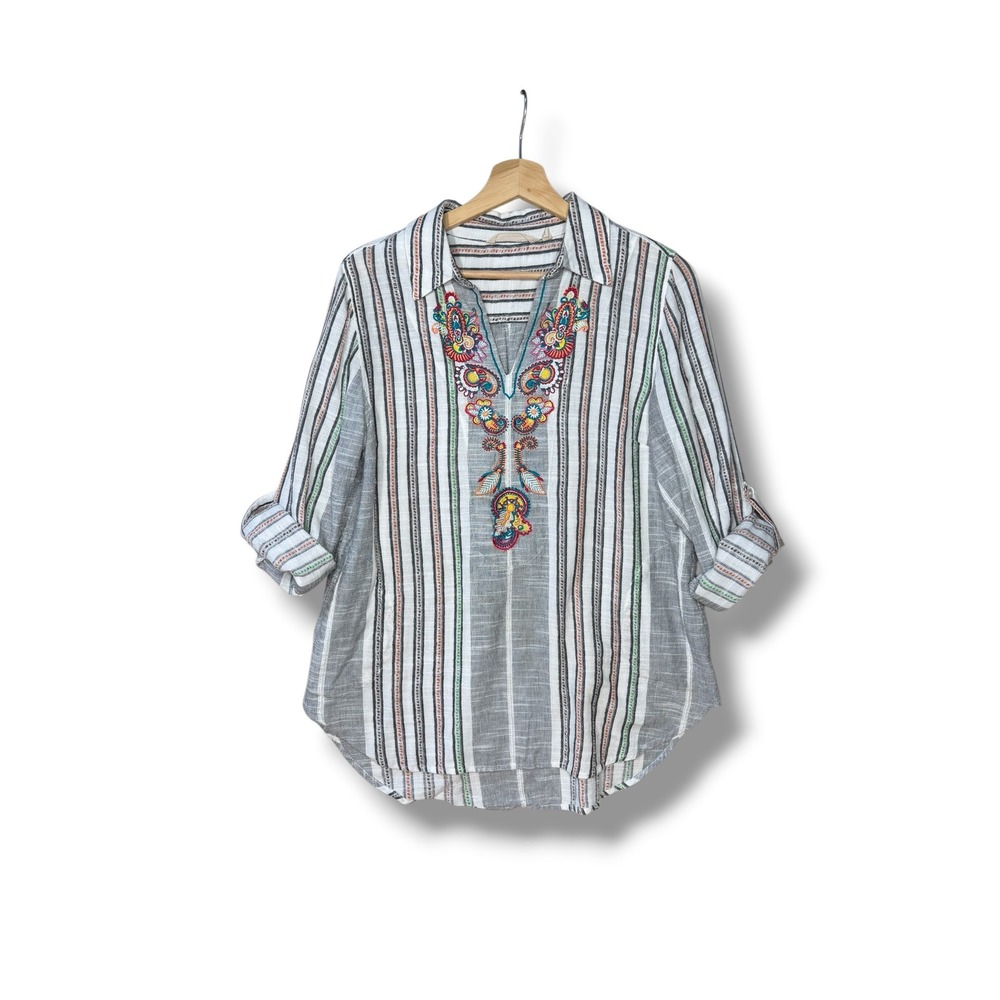Soft Surroundings Striped Embroidered Cotton Gauze Tunic Top Grey Petite Medium